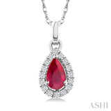 5x3 MM Pear Shape Ruby and 1/20 Ctw Single Cut Diamond Halo Precious Pendant with Chain in 10K White Gold