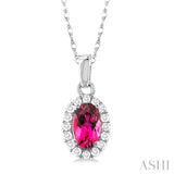 5x3 MM Oval Shape Pink Tourmaline and 1/20 Ctw Single Cut Diamond Halo Semi-Precious Pendant with Chain in 14K White Gold