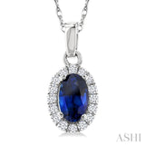 5x3 MM Oval Shape Sapphire and 1/20 Ctw Single Cut Diamond Halo Precious Pendant with Chain in 10K White Gold