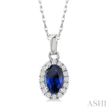 5x3 MM Oval Shape Sapphire and 1/20 Ctw Round Cut Diamond Halo Precious Pendant with Chain in 14K White Gold