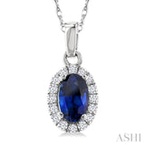 5x3 MM Oval Shape Sapphire and 1/20 Ctw Single Cut Diamond Halo Precious Pendant with Chain in 14K White Gold