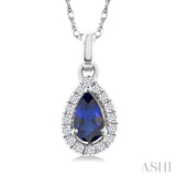 5x3 MM Pear Shape Sapphire and 1/20 Ctw Single Cut Diamond Halo Precious Pendant with Chain in 10K White Gold