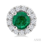 3.25 MM Round Emerald and 1/10 Ctw Single Cut Diamond Halo Precious Stud Earrings in 10K White Gold