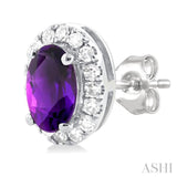 5x3 MM Oval Shape Amethyst and 1/8 Ctw Round Cut Diamond Halo Semi-Precious Stud Earrings in 10K White Gold