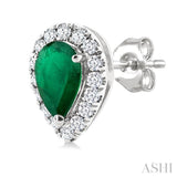 5x3 MM Pear Shape Emerald and 1/8 Ctw Single Cut Diamond Halo Precious Stud Earrings in 10K White Gold