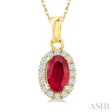 5x3 MM Oval Shape Ruby and 1/20 Ctw Single Cut Diamond Halo Precious Pendant with Chain in 14K Yellow Gold
