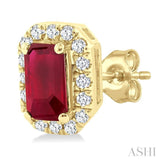 5x3 MM Octagonal Shape Ruby and 1/8 Ctw Single Cut Diamond Halo Precious Stud Earrings in 10K Yellow Gold