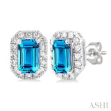 5x3 MM Octagonal Shape Blue Topaz and 1/8 Ctw Round Cut Diamond Halo Semi-Precious Stud Earrings in 10K White Gold