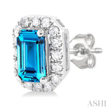 5x3 MM Octagonal Shape Blue Topaz and 1/8 Ctw Round Cut Diamond Halo Semi-Precious Stud Earrings in 10K White Gold