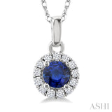3.25 MM Round Sapphire and 1/20 Ctw Single Cut Diamond Halo Precious Pendant with Chain in 14K White Gold
