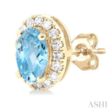 5x3 MM Oval Shape Aquamarine and 1/8 Ctw Round Cut Diamond Halo Semi-Precious Stud Earrings in 10K Yellow Gold
