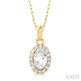 5x3 MM Oval Shape White Topaz and 1/20 Ctw Single Cut Diamond Halo Semi-Precious Pendant with Chain in 14K Yellow Gold