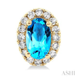 5x3 MM Oval Shape Blue Topaz and 1/8 Ctw Round Cut Diamond Halo Semi-Precious Stud Earrings in 10K Yellow Gold