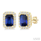 6x4 MM Octagonal Shape Sapphire and 1/4 Ctw Round Cut Diamond Halo Precious Stud Earrings in 14K Yellow Gold