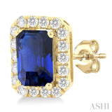 6x4 MM Octagonal Shape Sapphire and 1/4 Ctw Round Cut Diamond Halo Precious Stud Earrings in 14K Yellow Gold