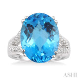 16x12 MM Oval Cut Blue Topaz and 1/4 Ctw Round Cut Diamond Semi-Precious Ring in 14K White Gold