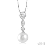 8 MM Cultured Pearl and 1/6 Ctw Floral Dangler Round Cut Diamond Pendant With Chain in 14K White Gold
