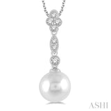 8 MM Cultured Pearl and 1/6 Ctw Floral Dangler Round Cut Diamond Pendant With Chain in 14K White Gold