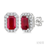 5x3 MM Octagonal Shape Ruby and 1/8 Ctw Single Cut Diamond Halo Precious Stud Earrings in 10K White Gold