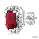 5x3 MM Octagonal Shape Ruby and 1/8 Ctw Single Cut Diamond Halo Precious Stud Earrings in 10K White Gold