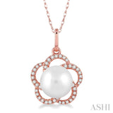 7 MM Cultured Pearl and 1/8 Ctw Single Cut Diamond Pendant in 14K Rose Gold with Chain