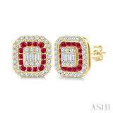 1/3 Ctw Octagonal Shape 1.25 MM Round Cut Ruby, Baguette and Round Cut Diamond Fusion Precious Stud Earrings in 14K Yellow Gold