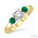 3.50 MM Round Shape Emerald and 3/8 Ctw Past Present and Future Round Cut Diamond Precious Ring in 14K Yellow and White Gold