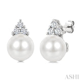 5 MM Cultured White Pearl and 1/20 Ctw Round Cut Diamond Fashion Earrings in 10K White Gold
