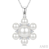 4MM & 7MM White Cultured Pearl and 1/10 Ctw Floral Round Cut Diamond Fashion Pendant With Chain in 10K White Gold