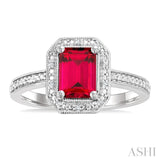 7X5 MM Octagon Shape Lab-Created Ruby and 1/50 Ctw Round Cut Diamond Precious Ring in Sterling Silver