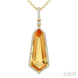 22X9 MM Evoque Gemstone Shield Shape Citrine and 1/4 Ctw Round Cut Diamond Semi-Precious Pendant With Chain in 14K Yellow Gold