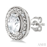 6X4 MM Oval Shape White Topaz and 1/50 Ctw Round Cut Diamond Semi-Precious Earrings in Sterling Silver