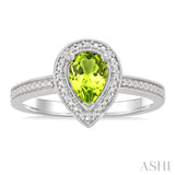 7X5 MM Pear Shape Peridot and 1/50 Ctw Round Cut Diamond Semi-Precious Ring in Sterling Silver