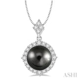 10 MM Black Cultured Pearl and 1/2 Ctw Round Cut Diamond Pendant in 14K White Gold with chain