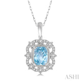 8x6 MM Cushion Shape Aquamarine and 1/5 Ctw Round Cut Diamond Semi-Precious Pendant With Chain in 10K White Gold