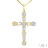 1/3 Ctw Floral Cross Fusion Baguette and Round Cut Diamond Fashion Pendant With Chain in 14K Yellow Gold
