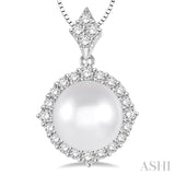 10 MM Cultured Pearl and 1/2 Ctw Round Cut Diamond Pendant in 14K White Gold with chain