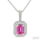 7X5 MM Octagon Shape Lab-Created Pink Sapphire and 1/50 Ctw Round Cut Diamond Precious Pendant With Chain in Sterling Silver