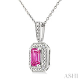 7X5 MM Octagon Shape Lab-Created Pink Sapphire and 1/50 Ctw Round Cut Diamond Precious Pendant With Chain in Sterling Silver