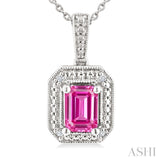 7X5 MM Octagon Shape Lab-Created Pink Sapphire and 1/50 Ctw Round Cut Diamond Precious Pendant With Chain in Sterling Silver