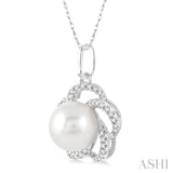 7 MM Cultured Pearl and 1/8 Ctw Round Cut Diamond Pendant in 14K White Gold with Chain