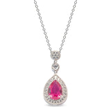 Platinum finish sterling micropave tear drop pendant with simulated ruby and simulated diamonds on 16 to 18 adjustable chain
