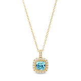 Gold finish sterling silver micropave simulated aqua marine pendant with simulated diamonds on 18 cable chain