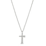Platinum finish sterling silver micropave tapered cross pendant with simulated diamonds on 16-18 adjustable chain