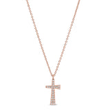 Rose gold finish sterling silver micropave tapered cross pendant with simulated diamonds on 16-18 adjustable chain