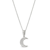 Platinum finish sterling silver micropave moon pendant with simulated diamonds on 16-18 adjustable chain