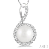 7x7 MM Round Shape Center Cultured Pearl and 1/10 Ctw Round Cut Diamond Pendant With Chain in 10K White Gold