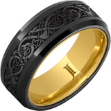 The Viking - Black Diamond Ceramic Engraved Ring with Hidden Gold Interior