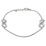 Platinum finish sterling silver micropave double infinity bracelet, simulated diamonds with 7.25 cable chain & .5 extender