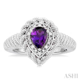 7X5 MM Pear Cut Amethyst and 1/20 Ctw Round Cut Diamond Semi-Precious Ring in Sterling Silver